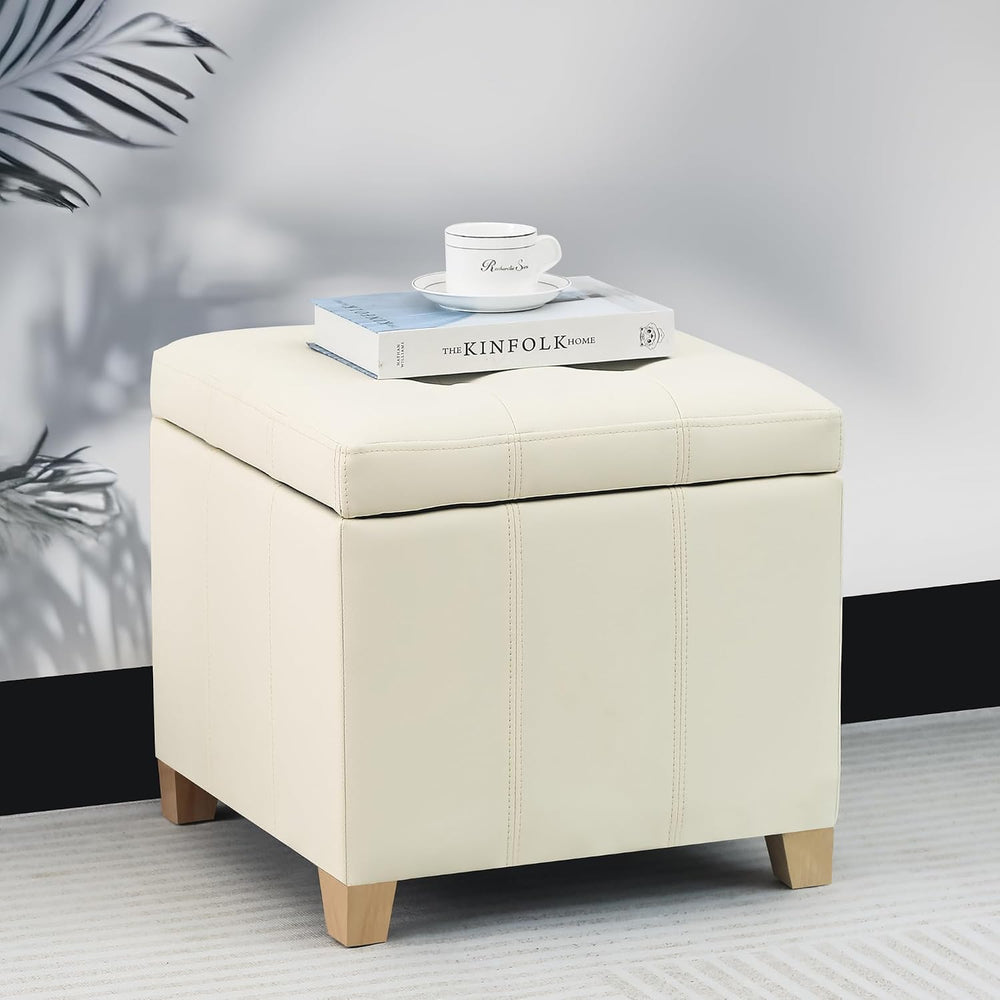 Adeco Faux Leather Storage Ottoman with Hinged Lid, 17.5 Inch High Cream Whit...