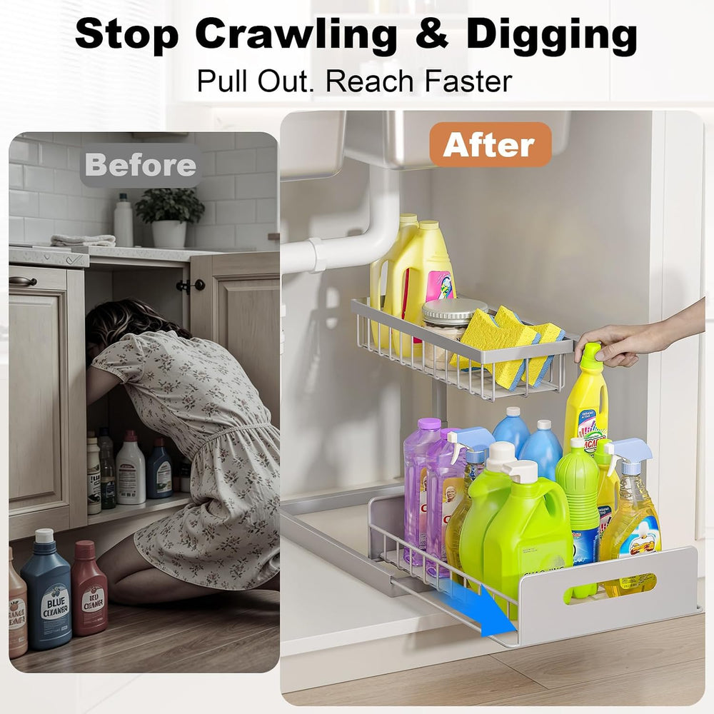 REALINN Under Sink Organizer, L-Shaped 2 Tier Pull Out Cabinet Organizer