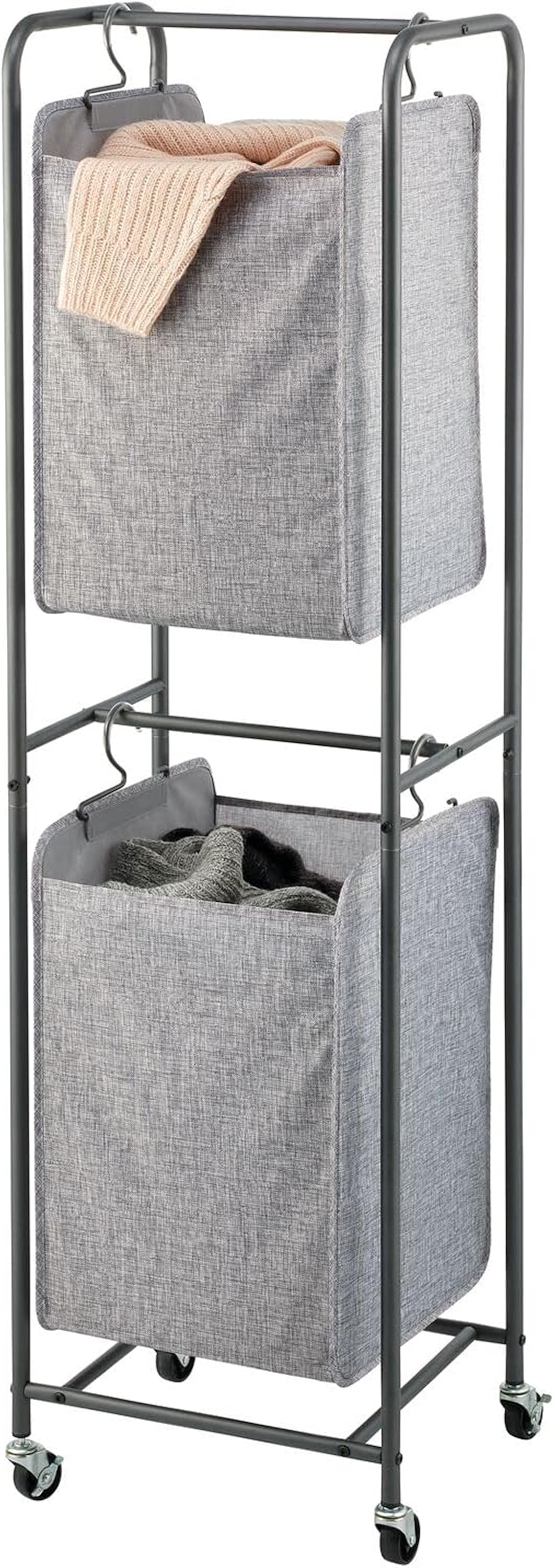 mDesign Vertical Stacked Laundry Hamper Basket with Wheels, Portable, 2 Remov...