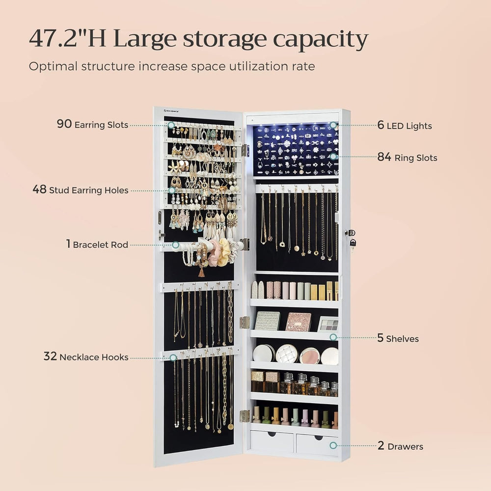 SONGMICS 6 LEDs Mirror Jewelry Cabinet, 47.2-Inch Tall Lockable Wall or Door ...
