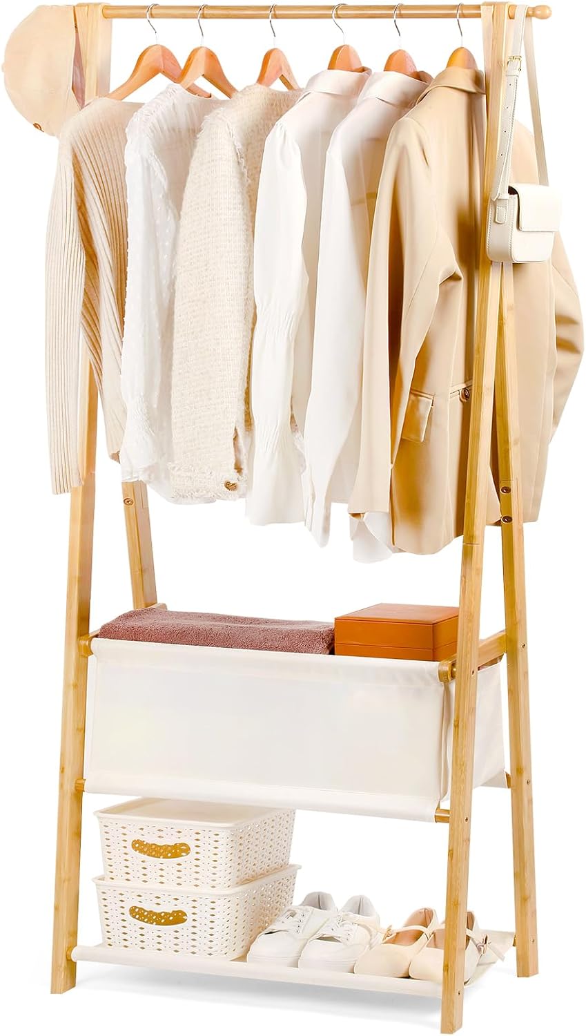 Bamboo Clothes Rack with Storage Box and Storage Shelf, Portable Extra Large ...