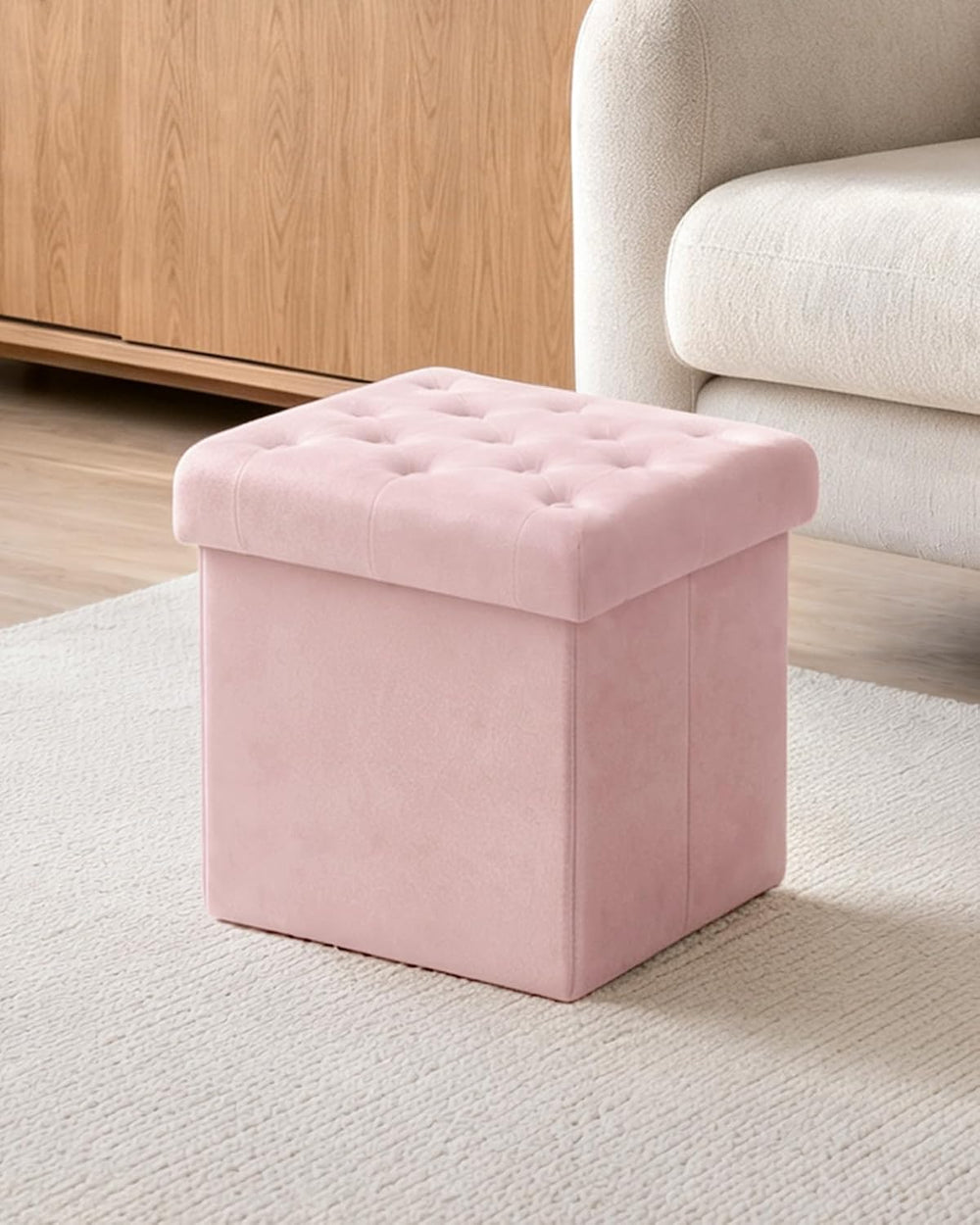 B FSOBEIIALEO Storage Ottoman Cube, Velvet Tufted Folding Ottomans with Lid, ...
