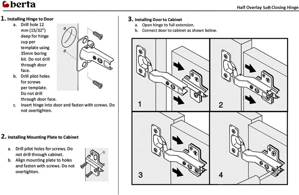 Berta, 40-Pack Half Overlay 110° Soft-Close Frameless Cabinet Hinges