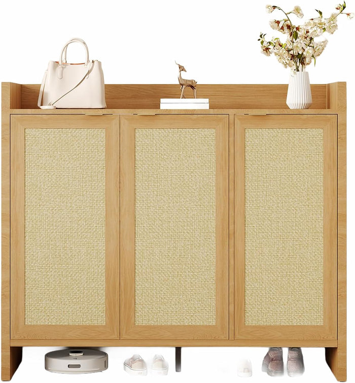 3 Door Rattan Shoe Cabinet for Entryway, Freestanding Wooden Shoe Rack with Adjustable Shelves & Anti-Tipping Device, Boho Shoe Storage Cabinet for Living Room Hallway, Dark Oak