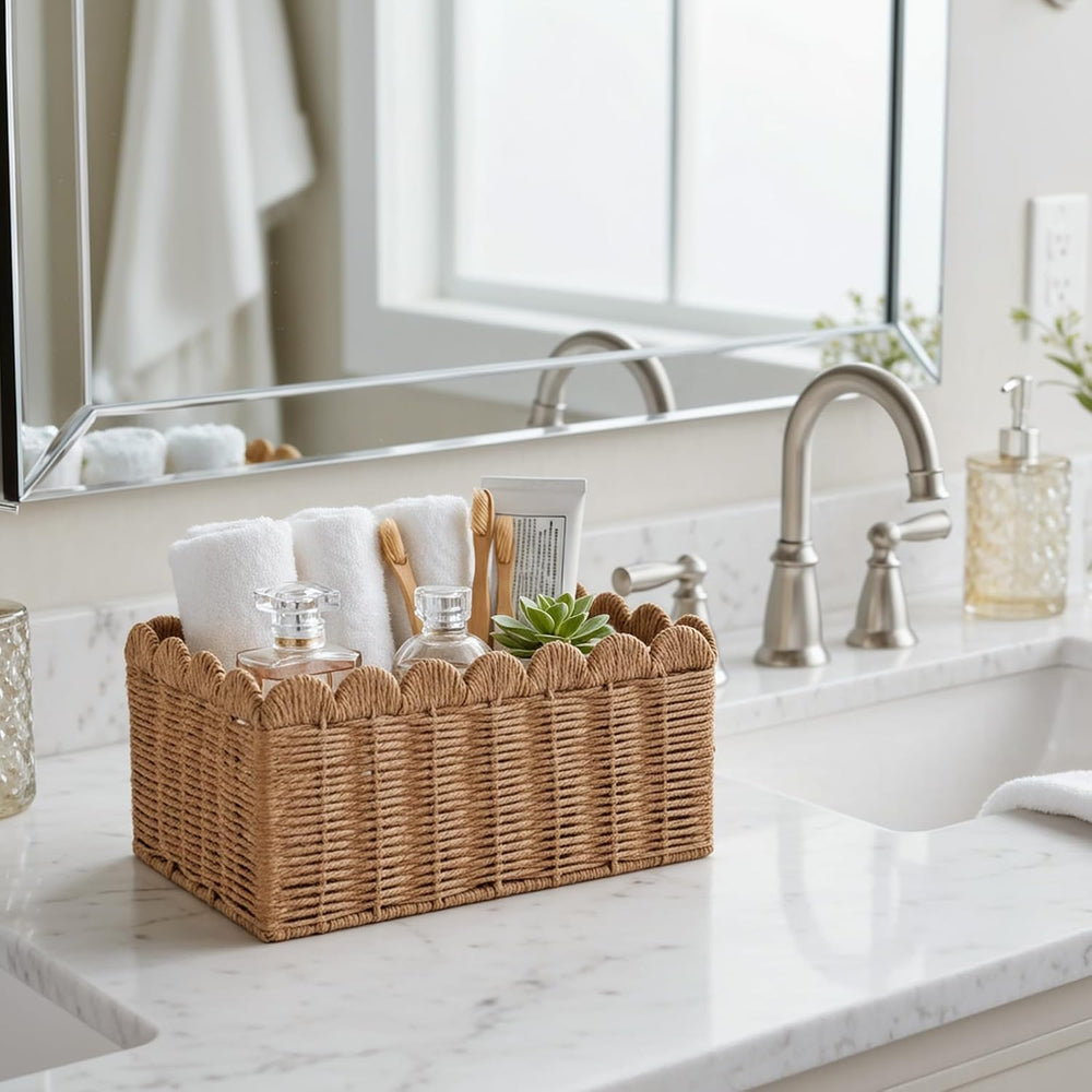3 Pcs Wicker Baskets for Organizing,Scalloped Baskets, Hand-woven Wicker Stor...