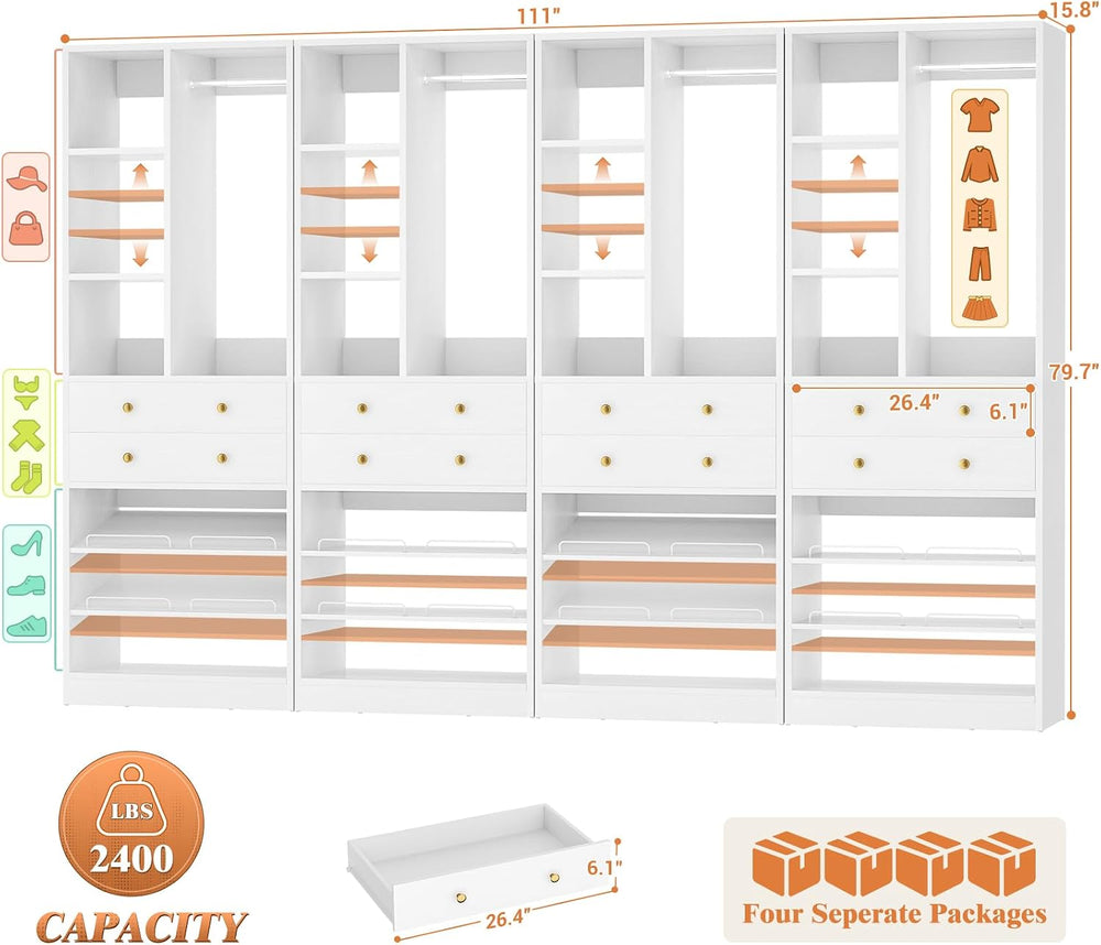 Besiost Closet System, 111"/9.3 FT Closet Organizer System with 8 Drawer...