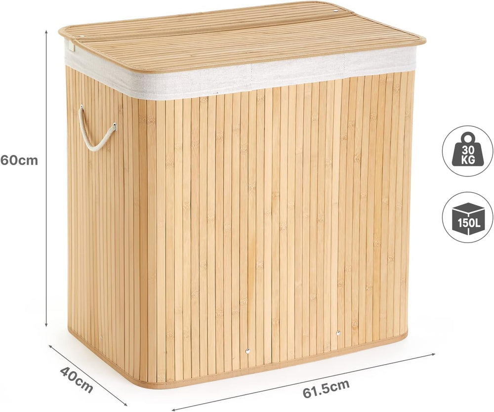 Mondeer Bamboo Laundry Basket Foldable with 3 Sections Storage Hamper with Re...
