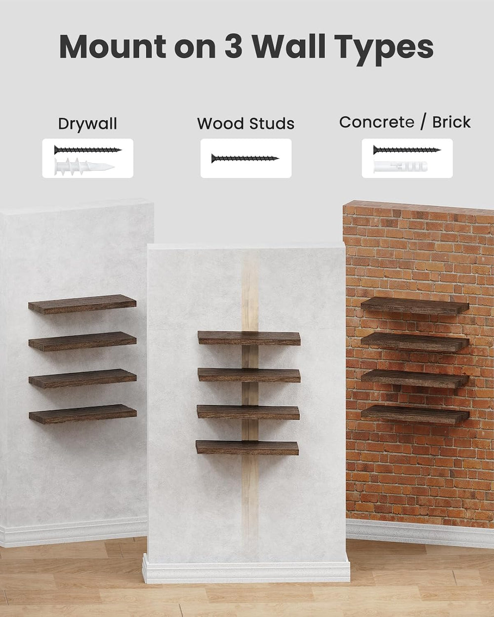 Amada Paulownia Wood Floating Shelves for Wall, Set of 4, Brown