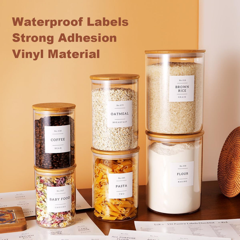 CZZGSM Set of 6 Glass Flour and Sugar jars with 132 Kitchen Pantry Labels - T...