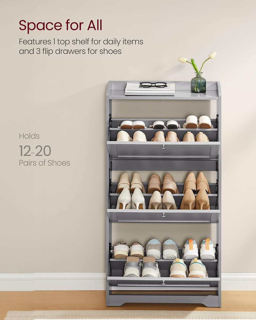 VASAGLE Shoe Storage Cabinet with 3 Flip Drawers, Slim, Holds 12‑20 Pairs