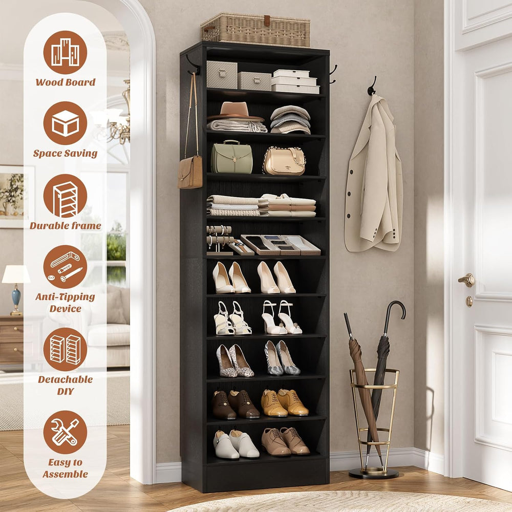 Aheaplus Tall Shoe Cabinet, 10 Tiers Narrow Wood Shoe Rack, 17.7" W, Black