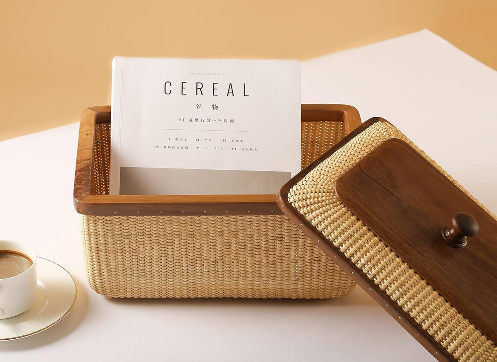 Rectangular Handmade Nantucket Basket with Lid, Natural Cane Weave Storage Ba...