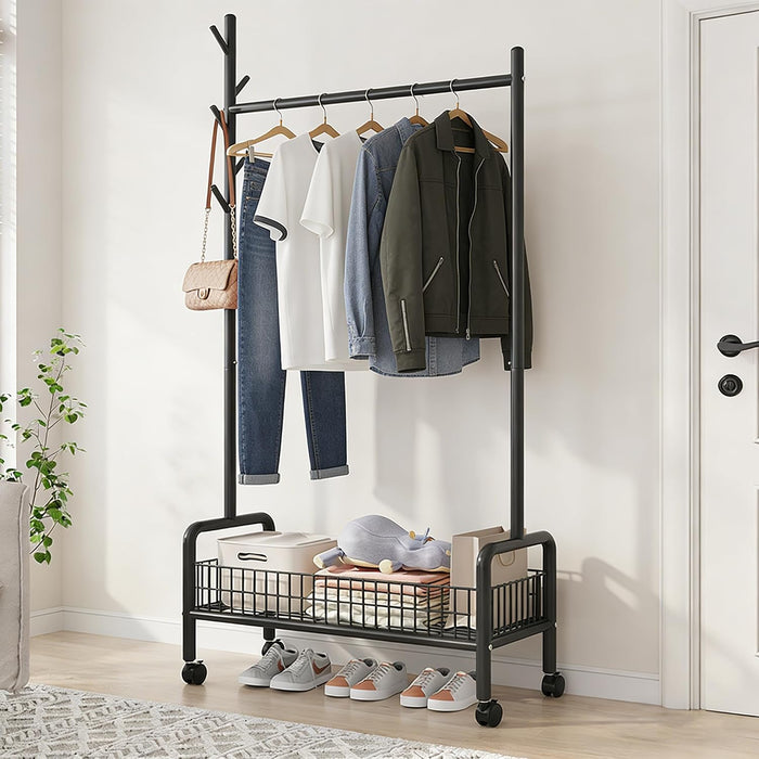 MYUPDALIN Rolling Metal Clothes Rack with Shelves & Storage Basket, Black