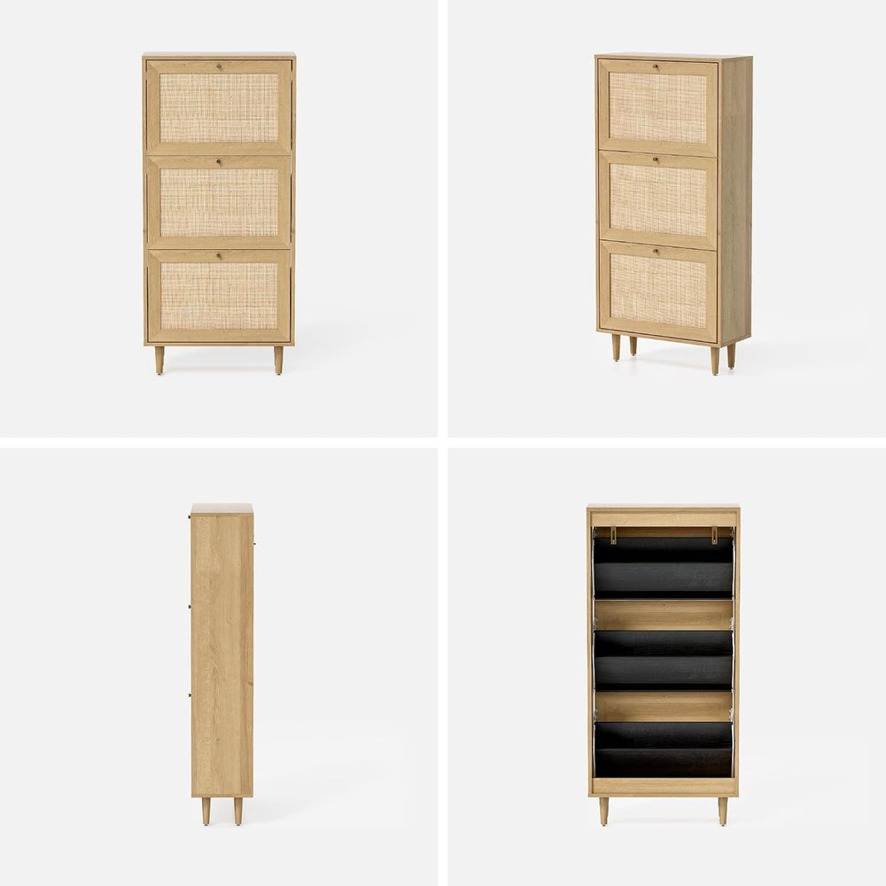 EYYTHUNG Rattan Shoe Cabinet Narrow Shoe Storage Cabinet with 3 Flip Drawers ...