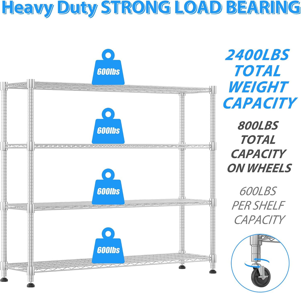 Homdox 4 Tier Heavy Duty Metal Wire Shelving with Wheels, 2400 lbs Capacity G...