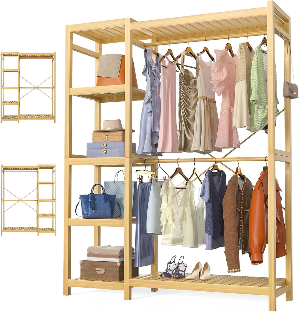 Homykic Bamboo Clothing Rack with 7 Adjustable Shelves, 2 Hang Rods