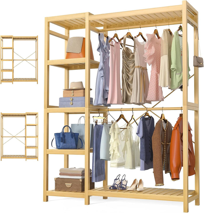 Homykic Bamboo Clothing Rack with 7 Adjustable Shelves, 2 Hang Rods