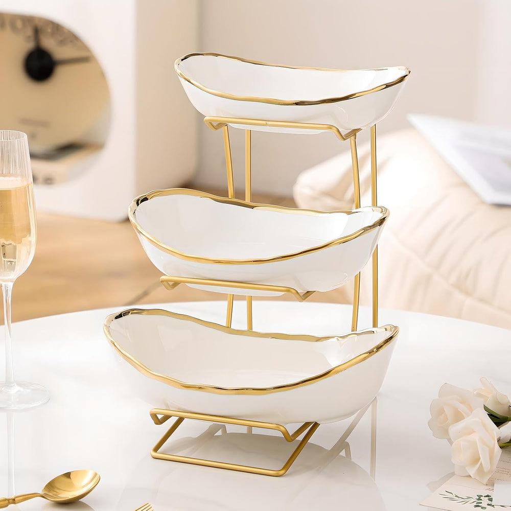 Gold Silver Fruit Bowl with Metal Stand, 3 Tier Ceramic White Fruit Bowl Frui...