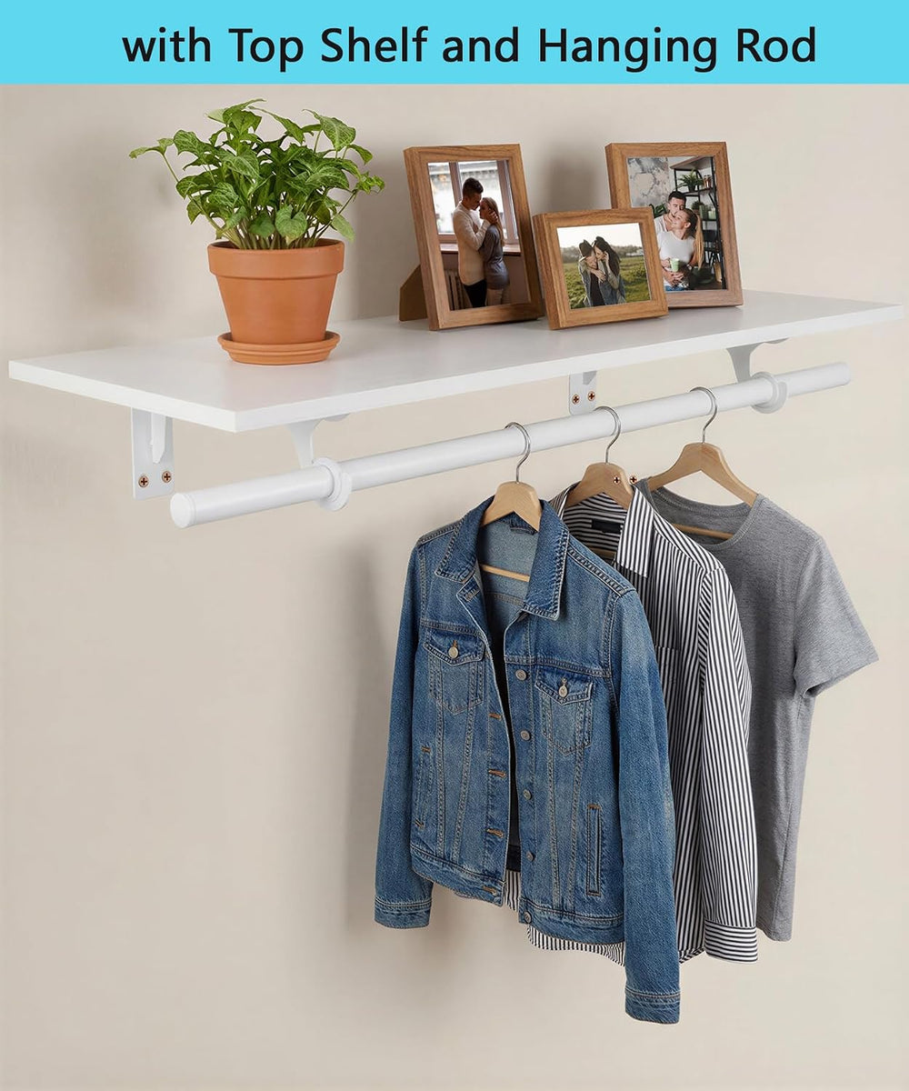 Wall Mounted Clothes Rack, with Top Shelf and Hanging Rod, Heavy Duty (White,...