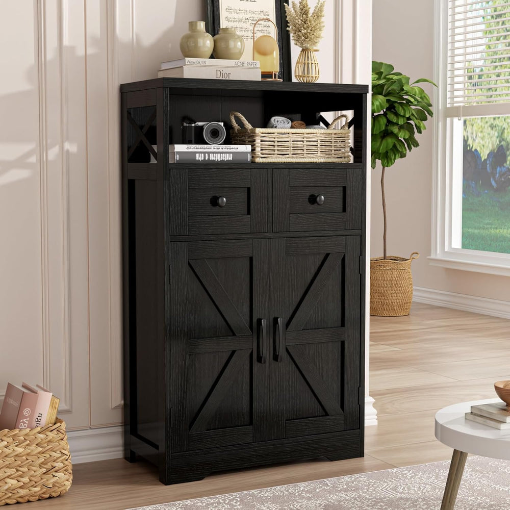 Black Farmhouse Storage Cabinet with Doors and Drawers, Small Pantry Hutch