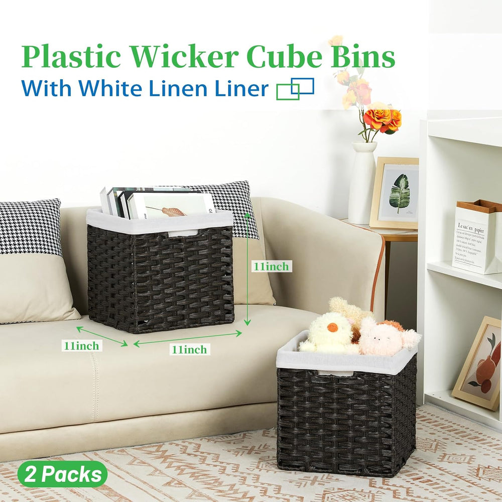 Bidtakay Wicker Cube Baskets with Liners 11 inch 2 Pack Waterproof Imitation ...