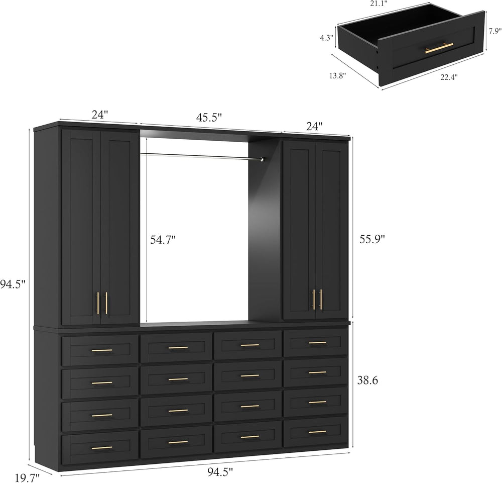 FUFU&GAGA 94.5” Wardrobe Armoire Closet with 16 Drawers & 4 Doors, Black