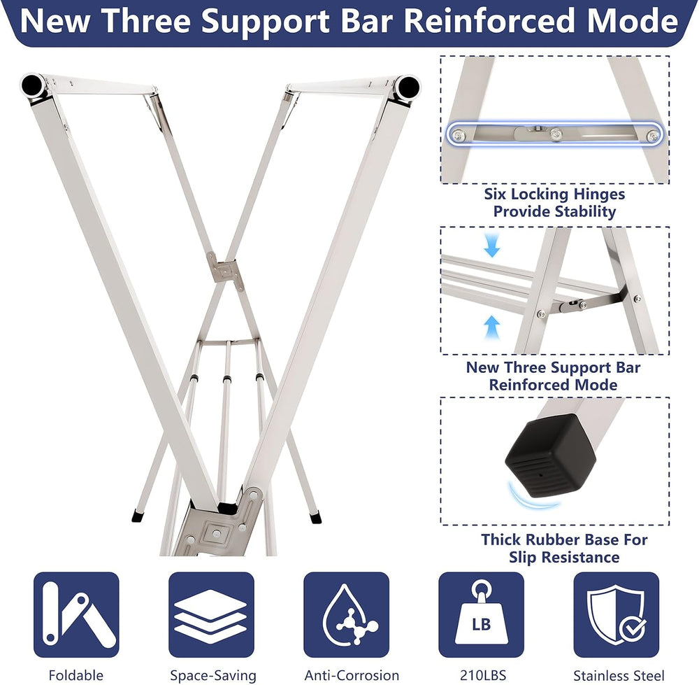 79 inches Foldable Clothes Drying Rack, Stainless Steel Indoor Outdoor Use