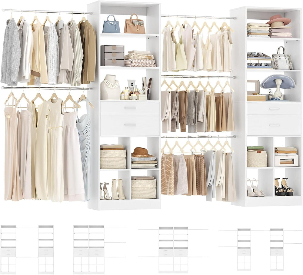 Besiost Closet System, 7.4ft-10ft with 4 Wooden Drawers and 5 Hanging Rods, C...