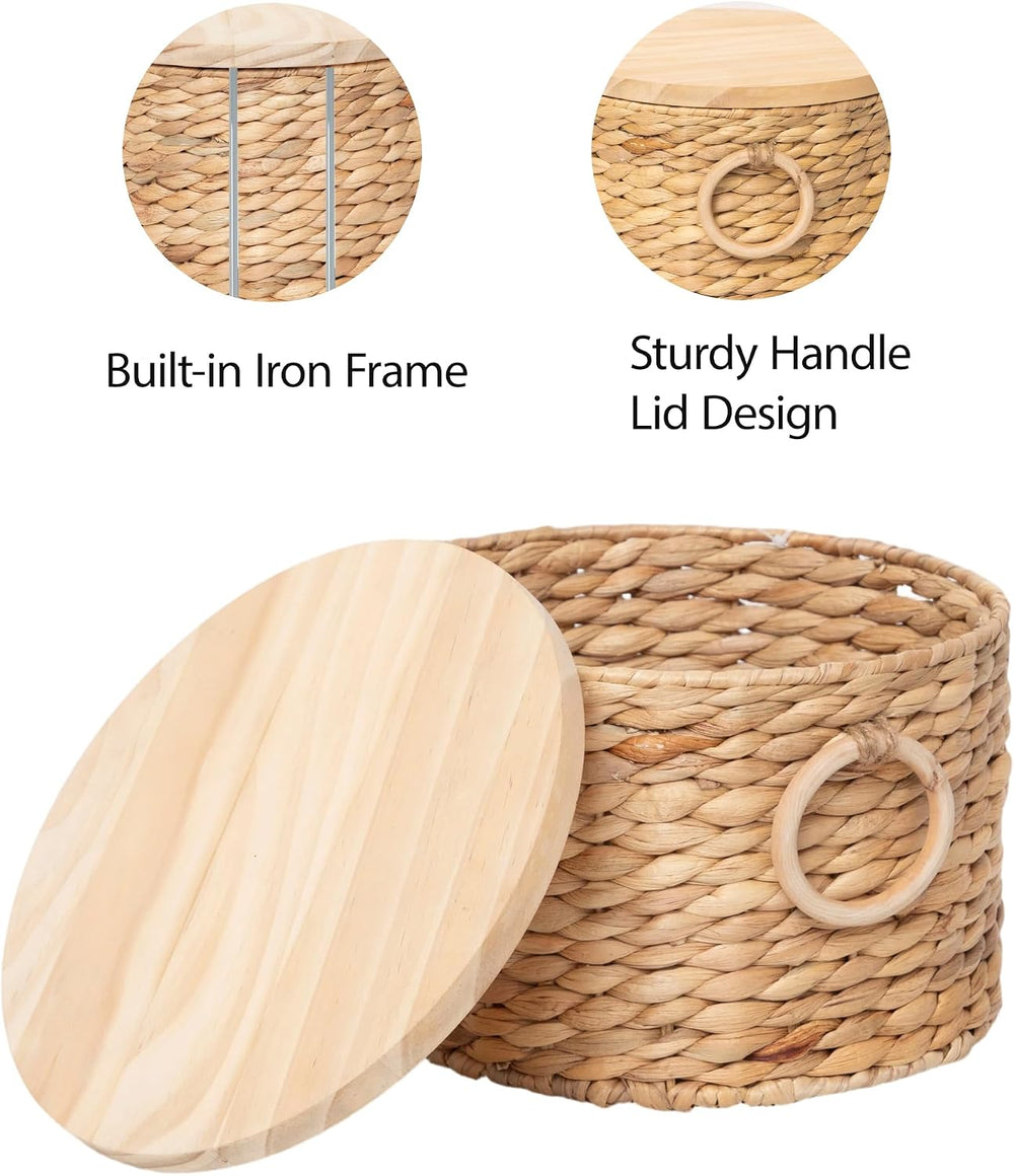 Woven Water Hyacinth Storage Basket Set of 2 with Lids
