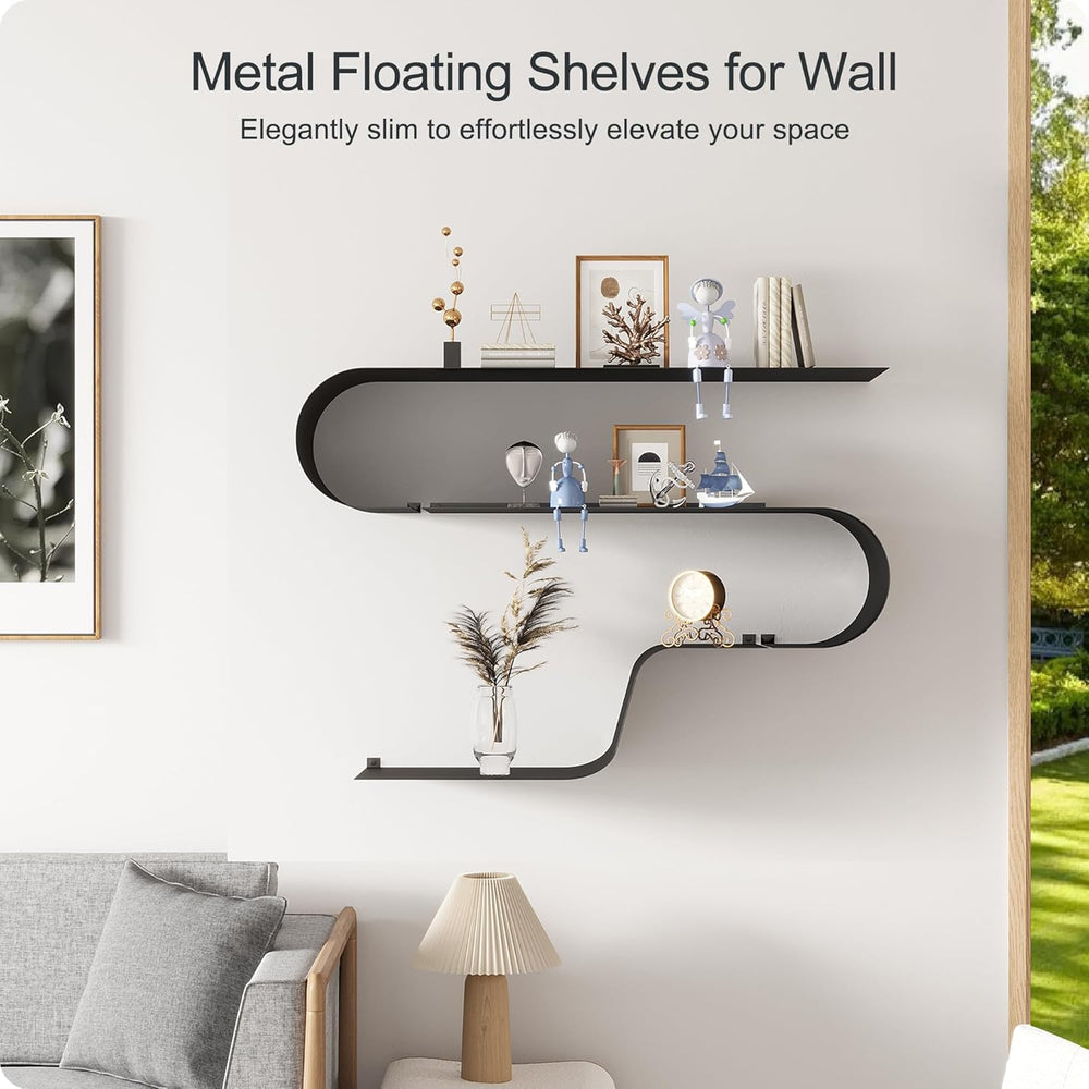 Black Floating Shelves Set of 3, Black Metal Decor, Unique Mounted Floating S...