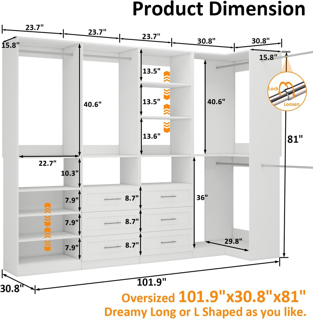 Vomavex Closet System with 4 sets, 101.9" Closet Organizer Systems with ...