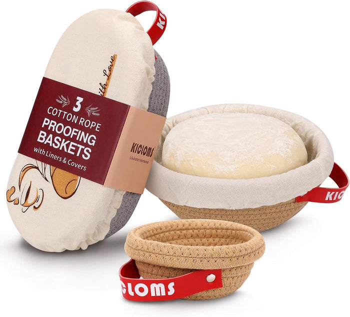 Cotton Rope Woven Bread Basket Set - Oval and Round Bread Baskets with Liners and Lids, for Bread Making, Fermentation and Storage.
