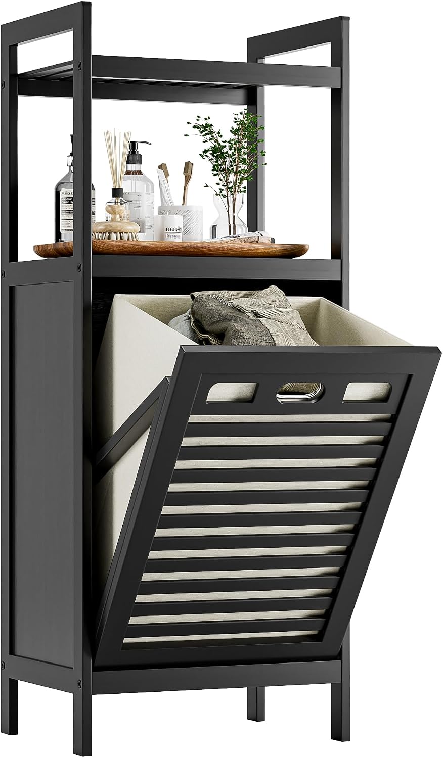 HITNET Tilt Out Laundry Hamper, Bamboo Bathroom Cabinet with Pull Out Removab...