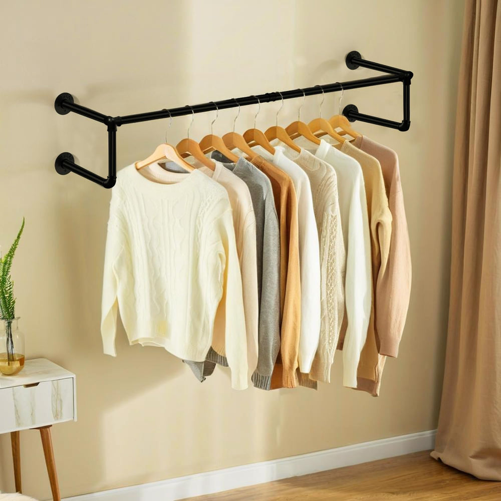 Industrial Pipe Clothing Rack,Heavy Duty Wall Mounted Black Iron Garment Bar,...