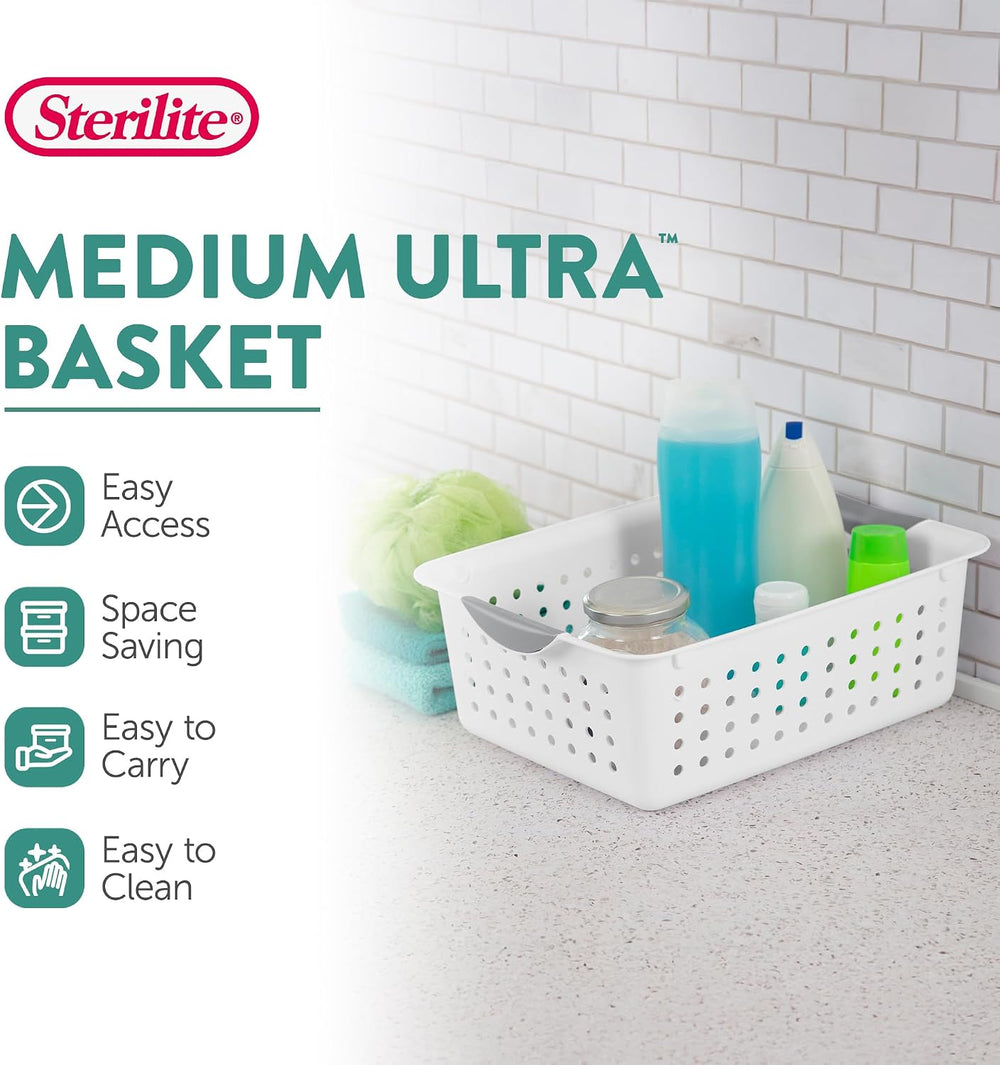 Sterilite Medium Ultra Basket, Open Top Plastic Storage Bin, White, 24-Pack
