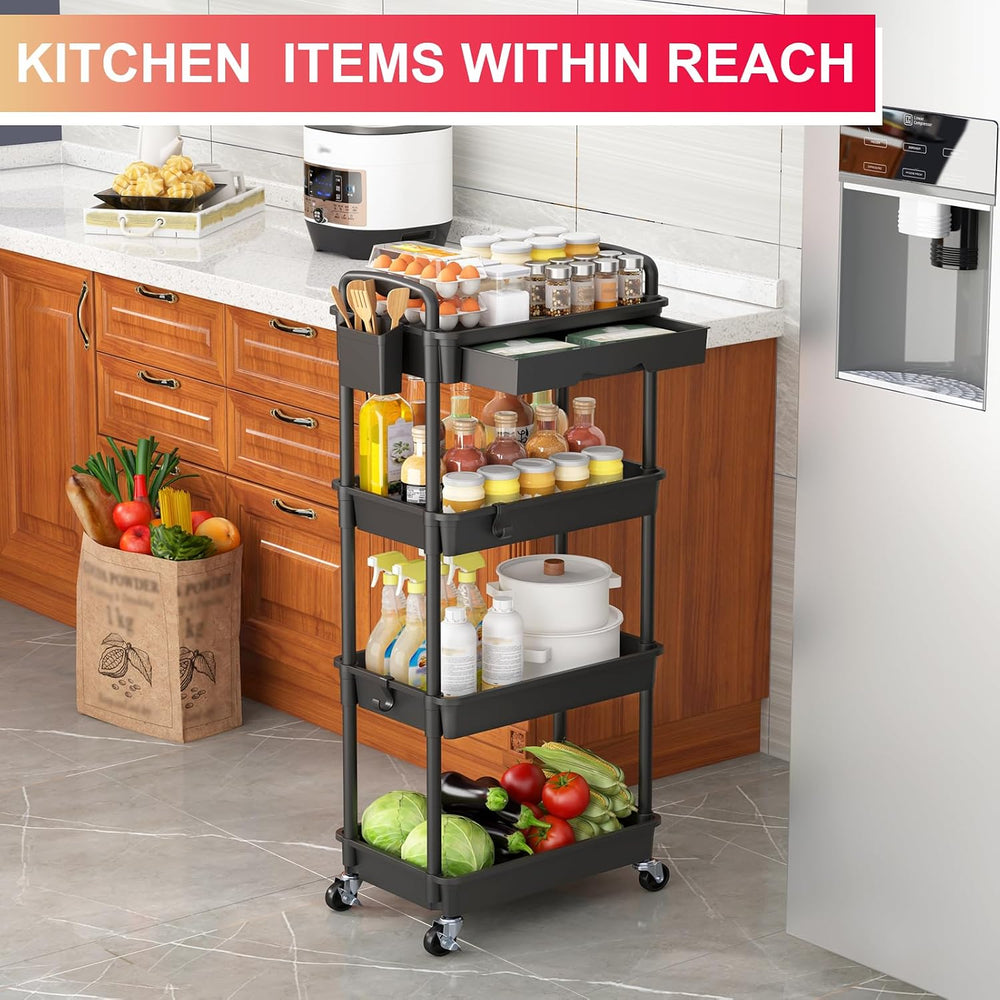 Goovilla 4 Tier Rolling Utility Cart Organizer with Removable Drawer, Black