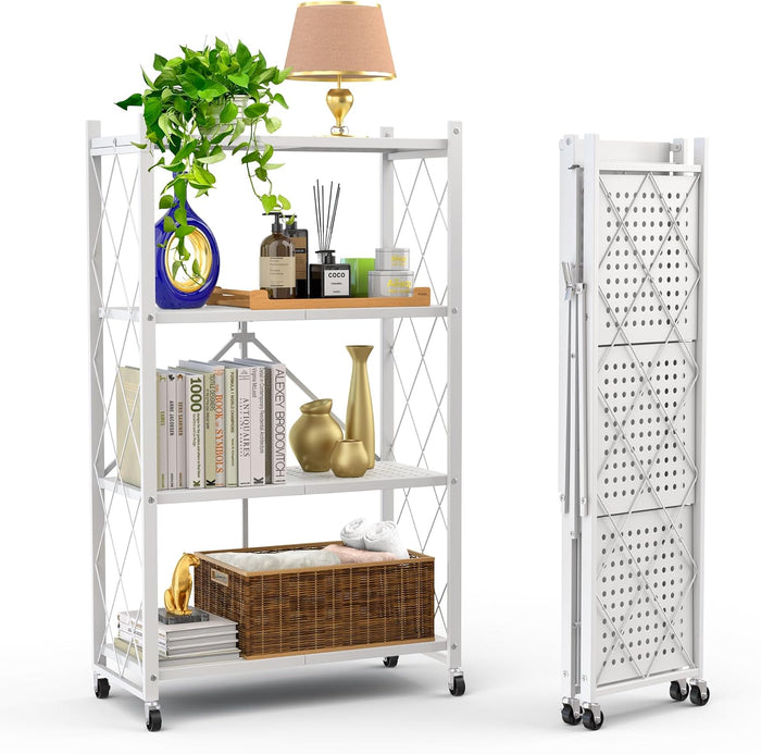 Our Modern Space 4-Tier Foldable Storage Shelf with Wheels | Metal Rack Collapsible Shelving Display | Rolling Cart for Books Kitchen Storage Shelves | Pantry & Closet Organizer | Office Room Decor