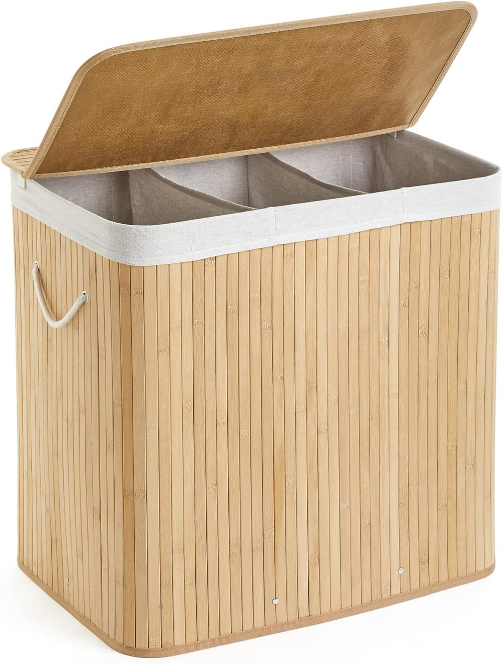 Mondeer Bamboo Laundry Basket Foldable with 3 Sections Storage Hamper with Re...