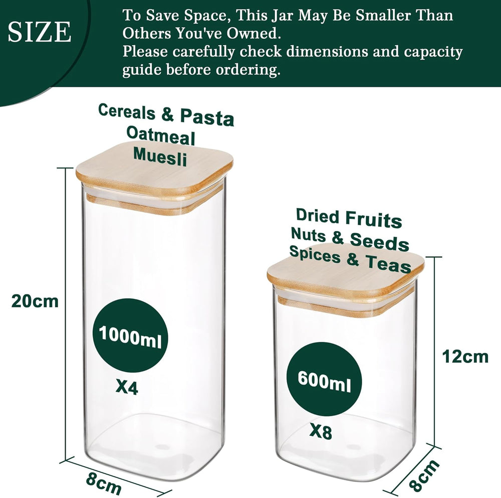 LIBWYS 12-Pack Square Glass Storage Jars with Bamboo Lids (0.6Qt/1.06Qt) - St...