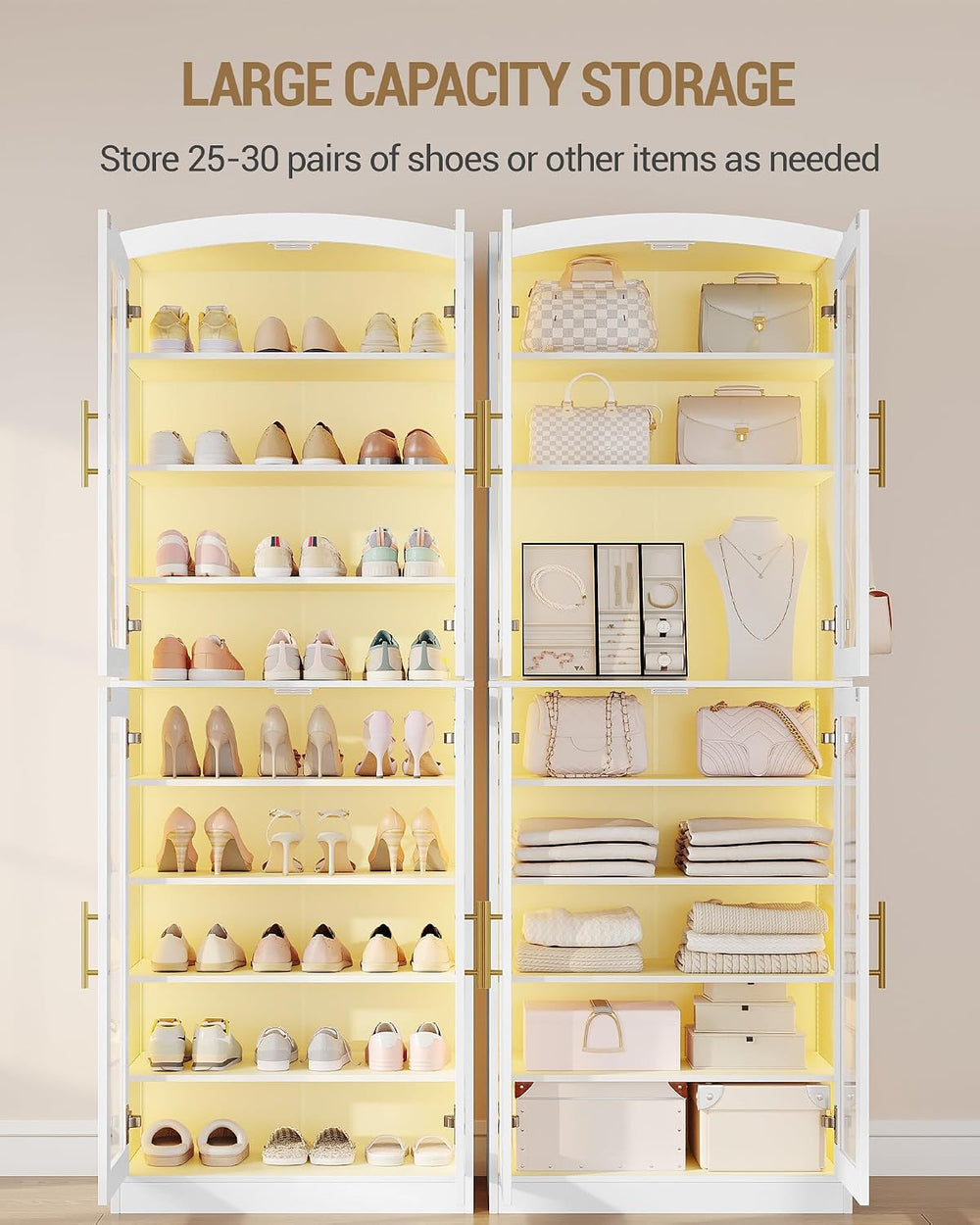 Hzuaneri 9 Tier Shoe Storage Cabinet, Tall Shoe Cabinet with Glass Doors