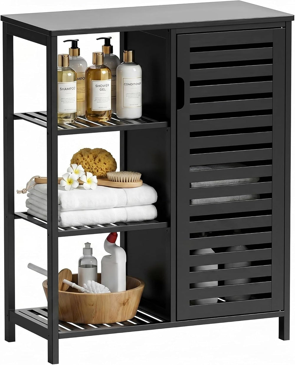 Bathoom Storage Cabinet, Bamboo Floor Cabinet with Single Door and 3 Open She...