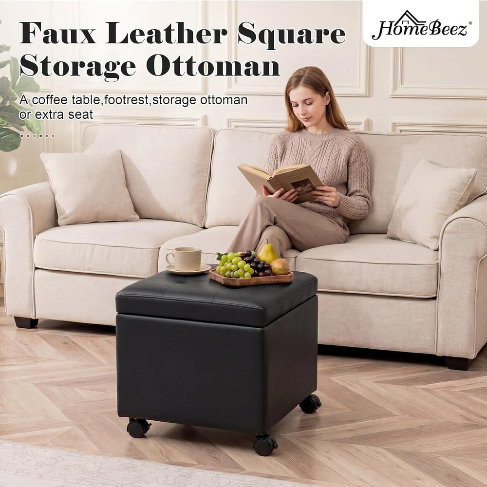 Homebeez 18" Square Storage Ottoman with Wheels, Tufted Faux Leather Cube