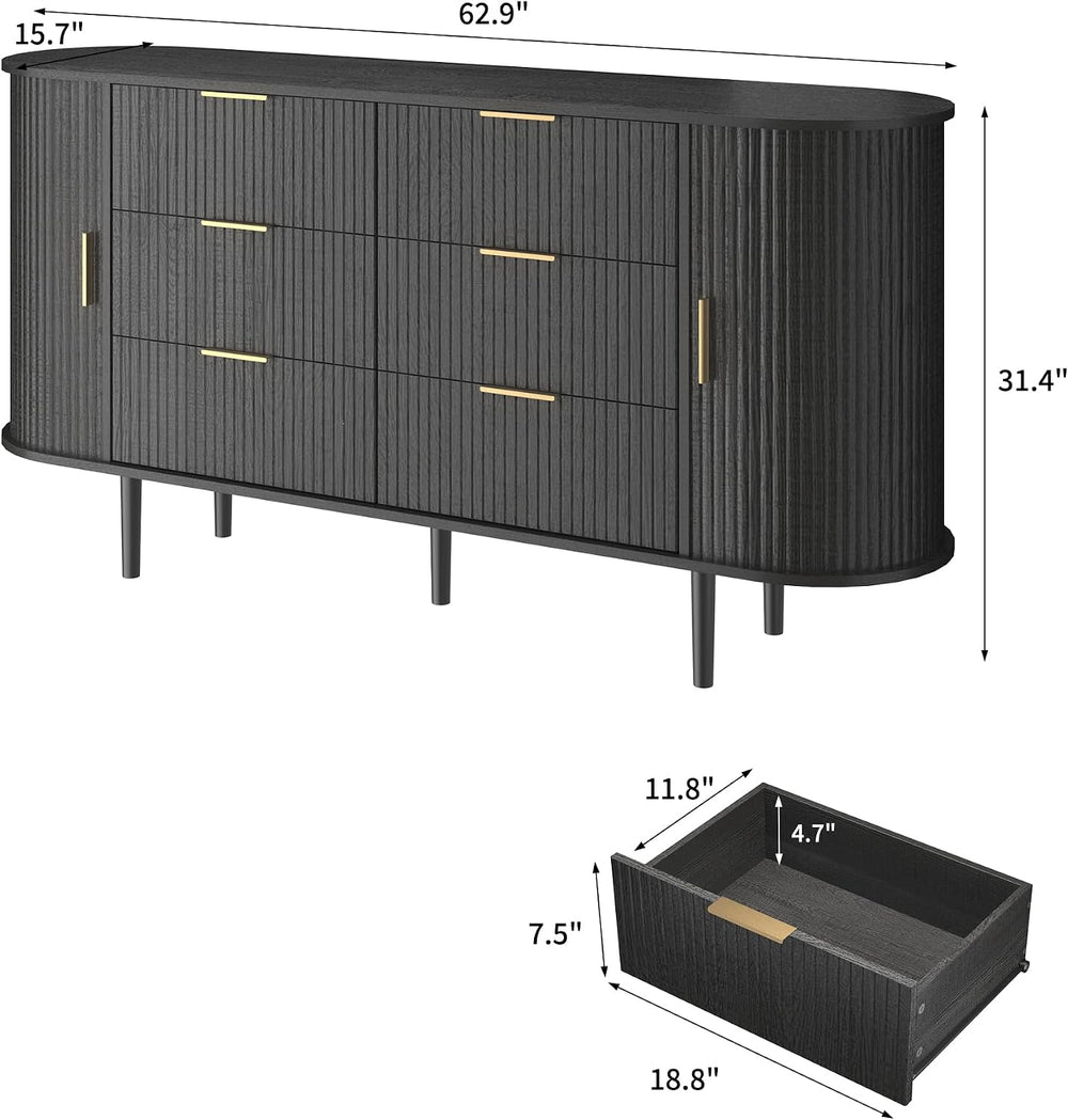 BVIUNTWO Fluted 6 Drawer Dresser, 63" Wide Modern Chest of Drawers with ...