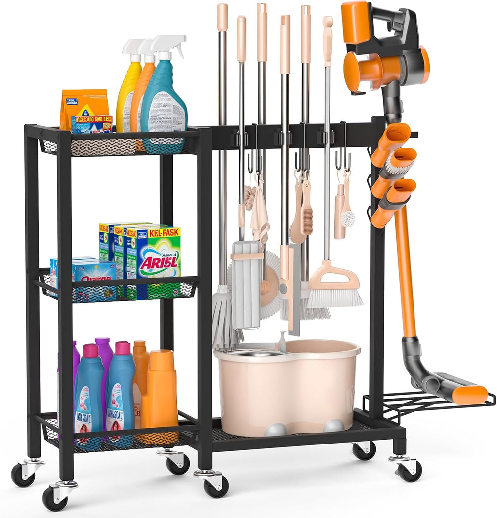 Broom Holder with Cleaning Supplies Organizer, 30.7"Wx11.8"Dx34.6&q...