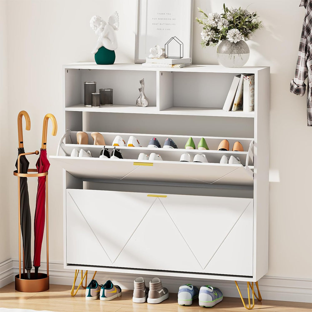 JOZZBY 46'' Tall Shoe Cabinet with 2 Flip Drawers and Open Shelves, W...