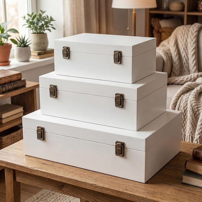 Sliner 3 Pcs Wooden Decorative Storage Boxes with Lids Vintage Wood Organizer Bins for Your Bookshelf Home Decor Safely Store Photos Documents Memory Jewelry Craft Storage (White,S M L Size)