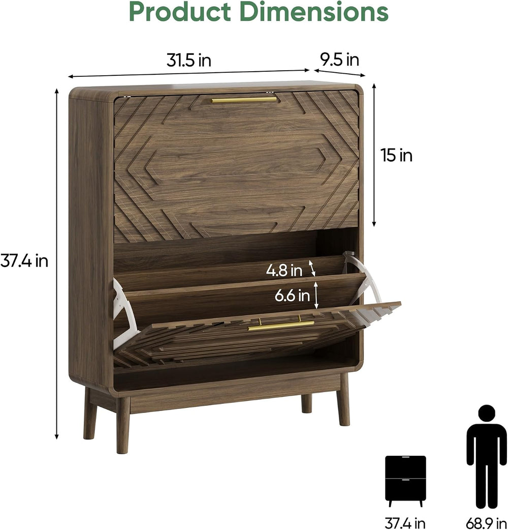 Shoe Storage Cabinet with Hand-Carved Raised Embossed 2 Flip Drawers,Narrow S...