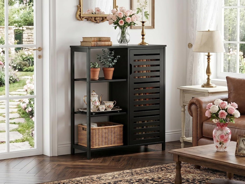 Bathoom Storage Cabinet, Bamboo Floor Cabinet with Single Door and 3 Open She...