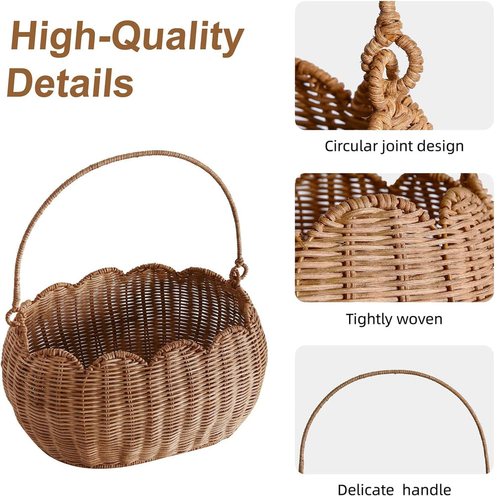 Scalloped Round Basket with Handle, Super Sturdy Wicker Storage Baskets, Hand...