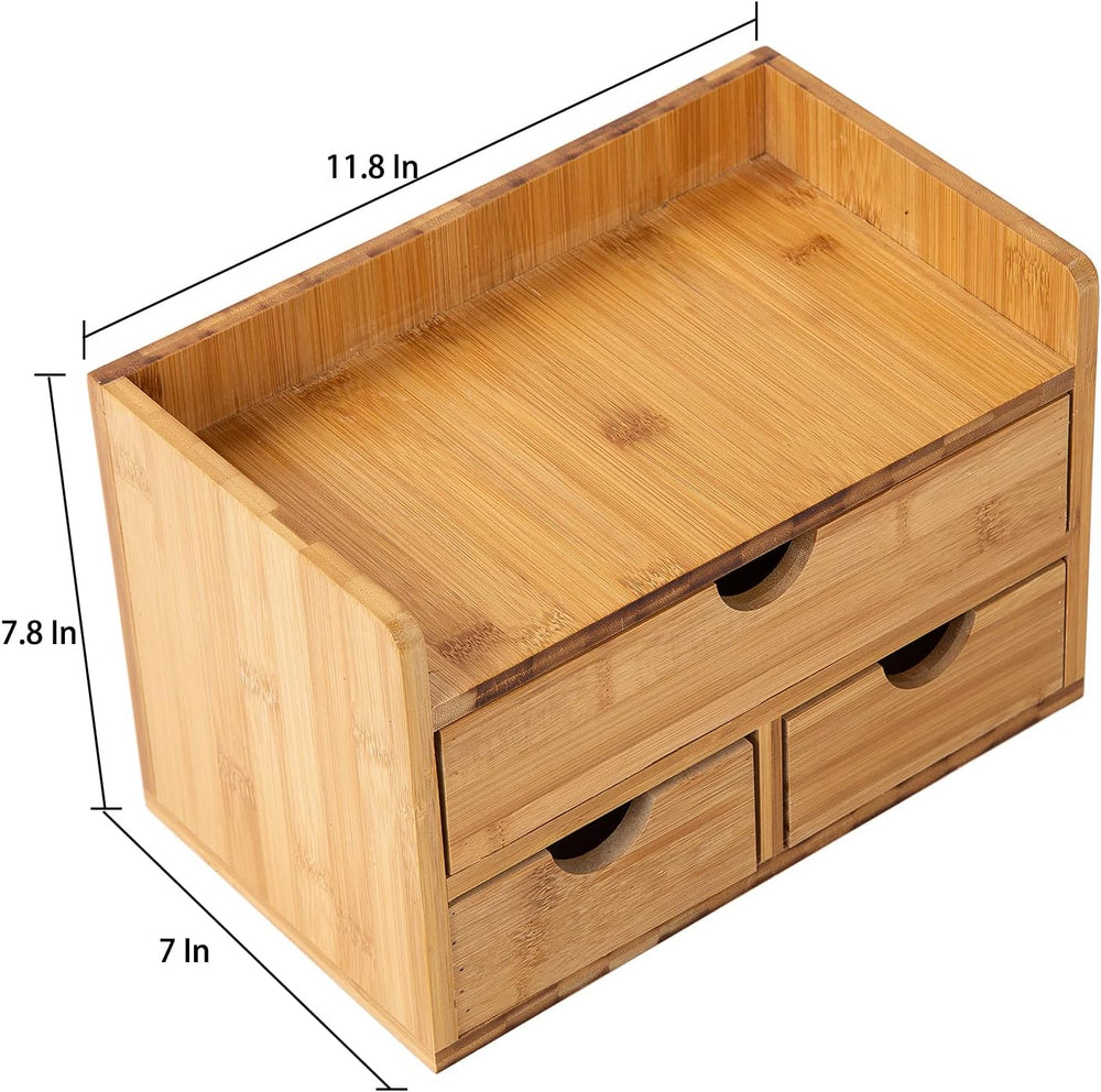 Rustic Bamboo Desk Organizer with Drawers,3-Drawer Desktop Storage Box